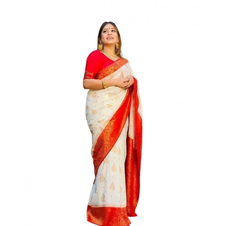 Generic Women's Soft Lichi Silk Printed Saree With Unstitched Blouse 5.5Mtr (White)