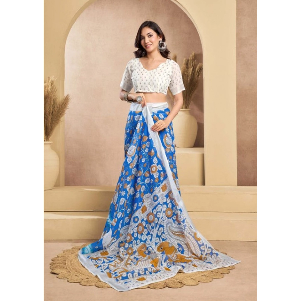 Generic Women's Faux_Linen Printed Ready-to-Wear Saree With Unstitched Blouse 5.5 Mtr (Blue) Generic Women's Faux_Linen Printed Ready-to-Wear Saree With Unstitched Blouse 5.5 Mtr (Blue)