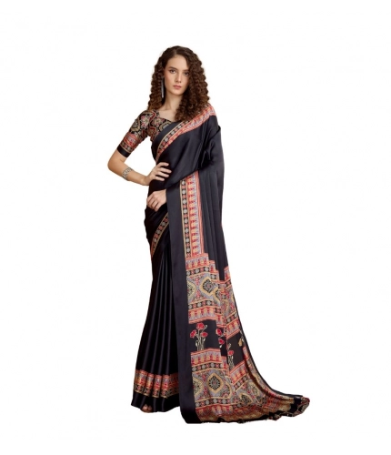 Generic Women's Satin Crepe Printed Saree With Unstitched Blouse 5.5Mtr (Black)
