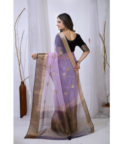 Generic Women's Organza jacquard Embellished Saree With Unstitched Blouse 5.5Mtr (Purple)