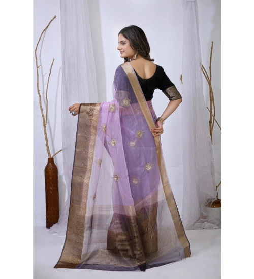 Generic Women's Organza jacquard Embellished Saree With Unstitched Blouse 5.5Mtr (Purple)