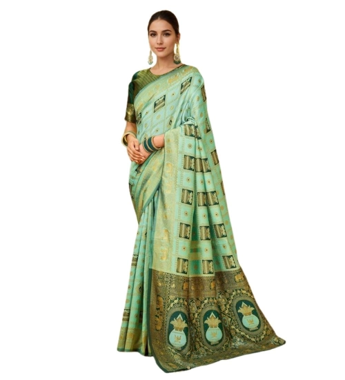 Generic Women's Silk Blend Woven Zari Work Saree With Unstitched Blouse 5.5Mtr (Mint Green)