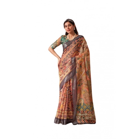 Generic Women's Faux_Linen Printed Saree With Unstitched Blouse 5.5Mtr (Orange)