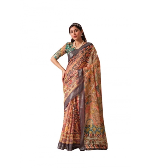 Generic Women's Faux_Linen Printed Saree With Unstitched Blouse 5.5Mtr (Orange)