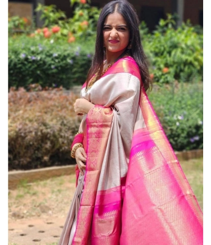 Generic Women's Soft Lichi Silk Printed Saree With Unstitched Blouse 5.5Mtr (Grey)
