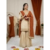 Generic Women's Silk Embroidered 3/4th Sleeve V-Neck Kurti With Sharara Pant and Dupatta Set (Cream &amp; Orange)