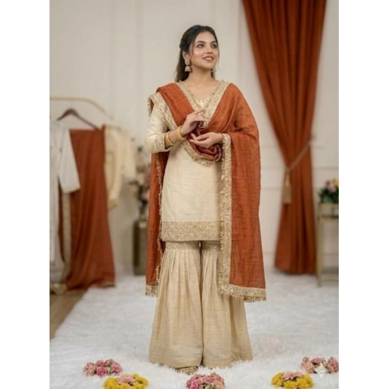 Generic Women's Silk Embroidered 3/4th Sleeve V-Neck Kurti With Sharara Pant and Dupatta Set (Cream &amp; Orange)