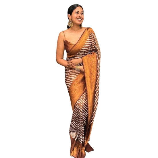 Generic Women's Soft Litchi Silk Jacquard Work Saree With Unstitched Blouse 5.5Mtr (Brown)