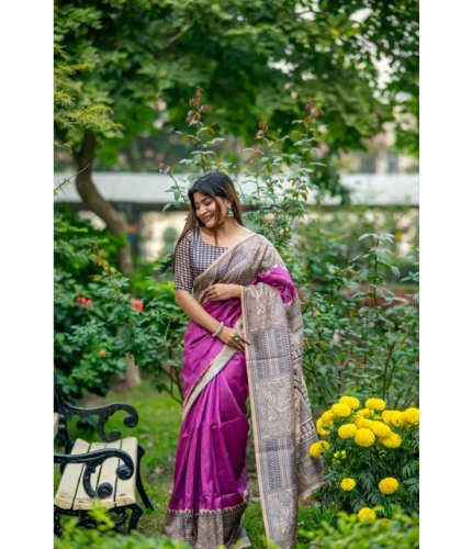Generic Women's Faux_Tussar Geometric_Print Saree With Unstitched Blouse 5.5Mtr (Purple)