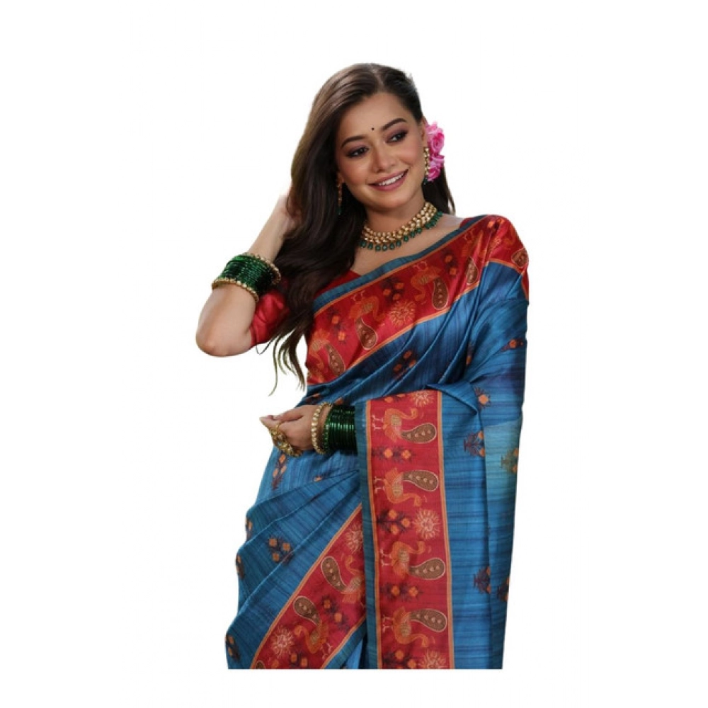 Generic Women's Faux_Tussar_Silk Printed Saree With Unstitched Blouse 5.5Mtr (Blue)
