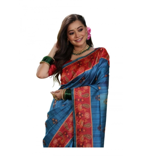 Generic Women's Faux_Tussar_Silk Printed Saree With Unstitched Blouse 5.5Mtr (Blue)