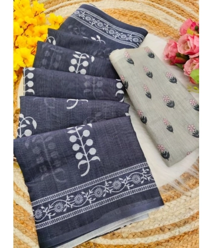 Generic Women's Linen Printed Saree With Unstitched Blouse 5.5Mtr (Grey)