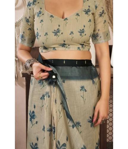 Generic Women's Faux Linen Floral Print Ready to wear Saree With Unstitched Blouse 5.5Mtr (LightBeige)