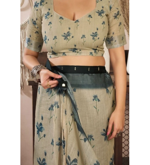 Generic Women's Faux Linen Floral Print Ready to wear Saree With Unstitched Blouse 5.5Mtr (LightBeige)