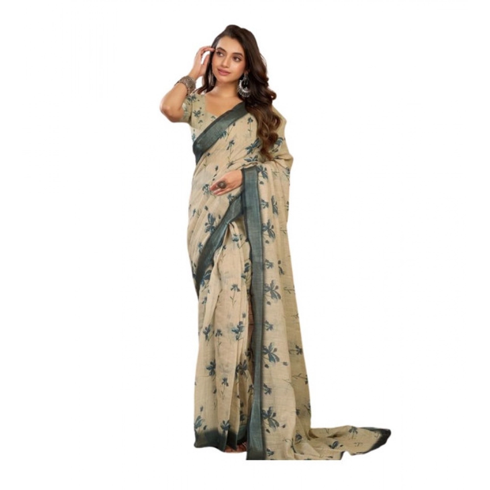 Generic Women's Linen Cotton Printed Ready To Wear Saree With Unstitched Blouse 5.5 Mtr (Light_Beige)