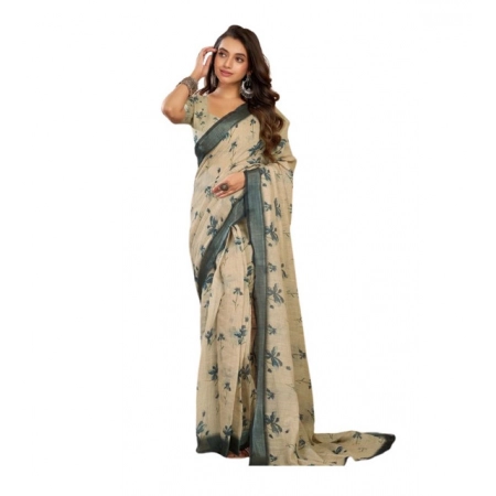 Generic Women's Linen Cotton Printed Ready To Wear Saree With Unstitched Blouse 5.5 Mtr (Light_Beige)
