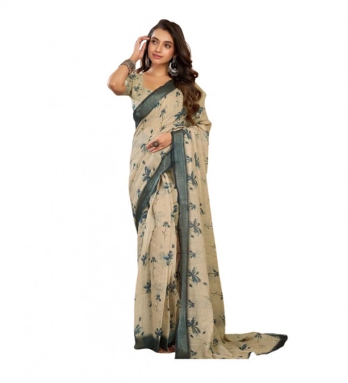 Generic Women's Linen Cotton Printed Ready To Wear Saree With Unstitched Blouse 5.5 Mtr (Light_Beige)