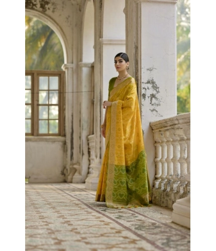 Generic Women's Silk_Blend Ethnic Ikat Pattern Saree With Unstitched Blouse 5.5Mtr (Yellow)