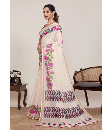 Generic Women's Linen Floral Printed Saree With Unstitched Blouse 5.5Mtr (Cream)