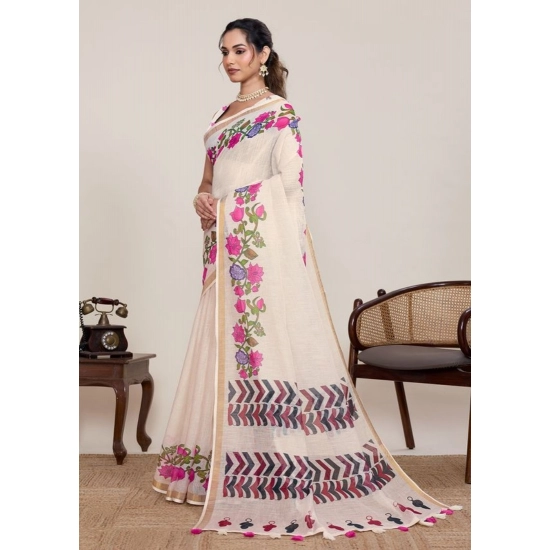 Generic Women's Linen Floral Printed Saree With Unstitched Blouse 5.5Mtr (Cream) Generic Women's Linen Floral Printed Saree With Unstitched Blouse 5.5Mtr (Cream)