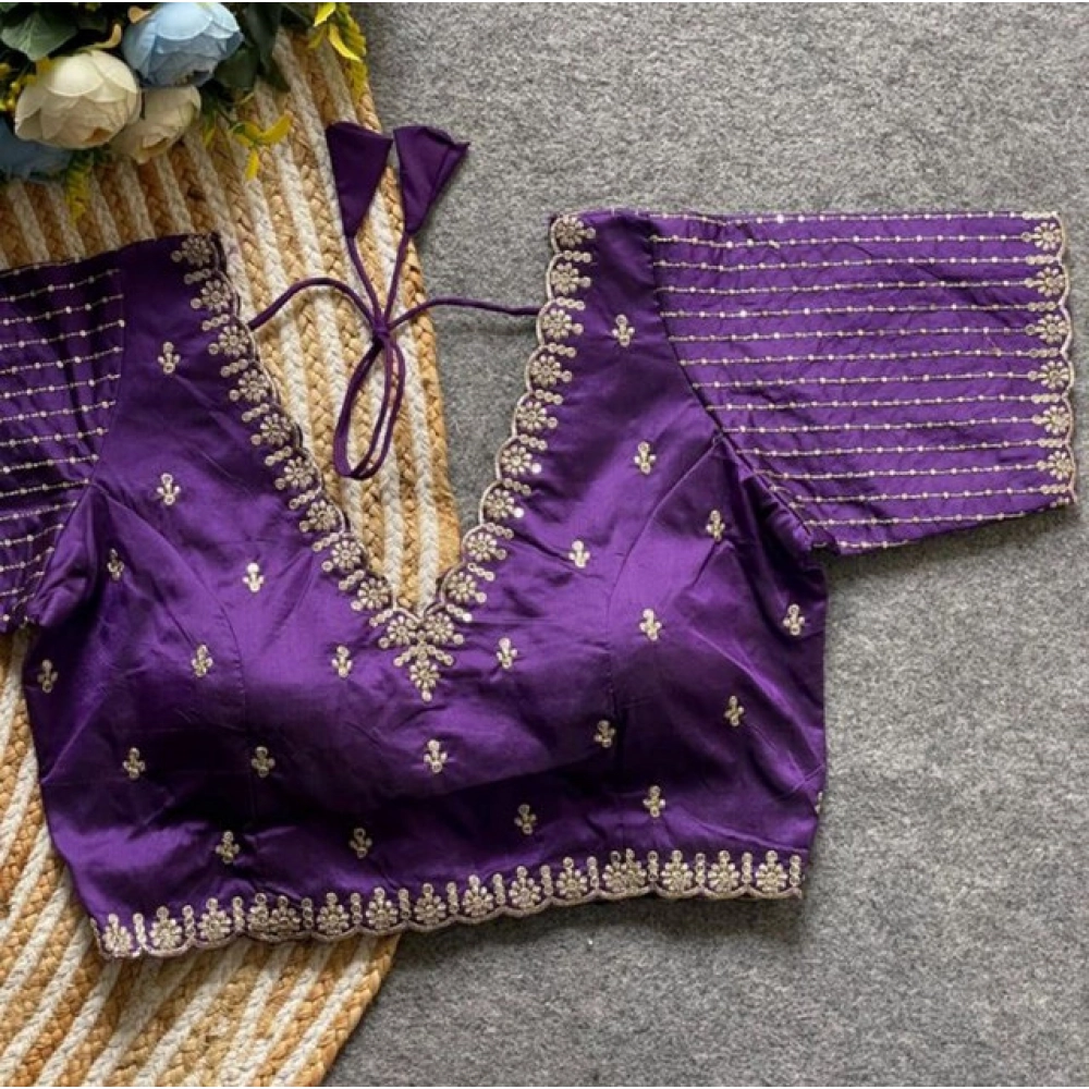 Women's Banarasi Silk Sequence V Neck Non Padded Blouse (Purple 38 Ready (Alterable up to 42)