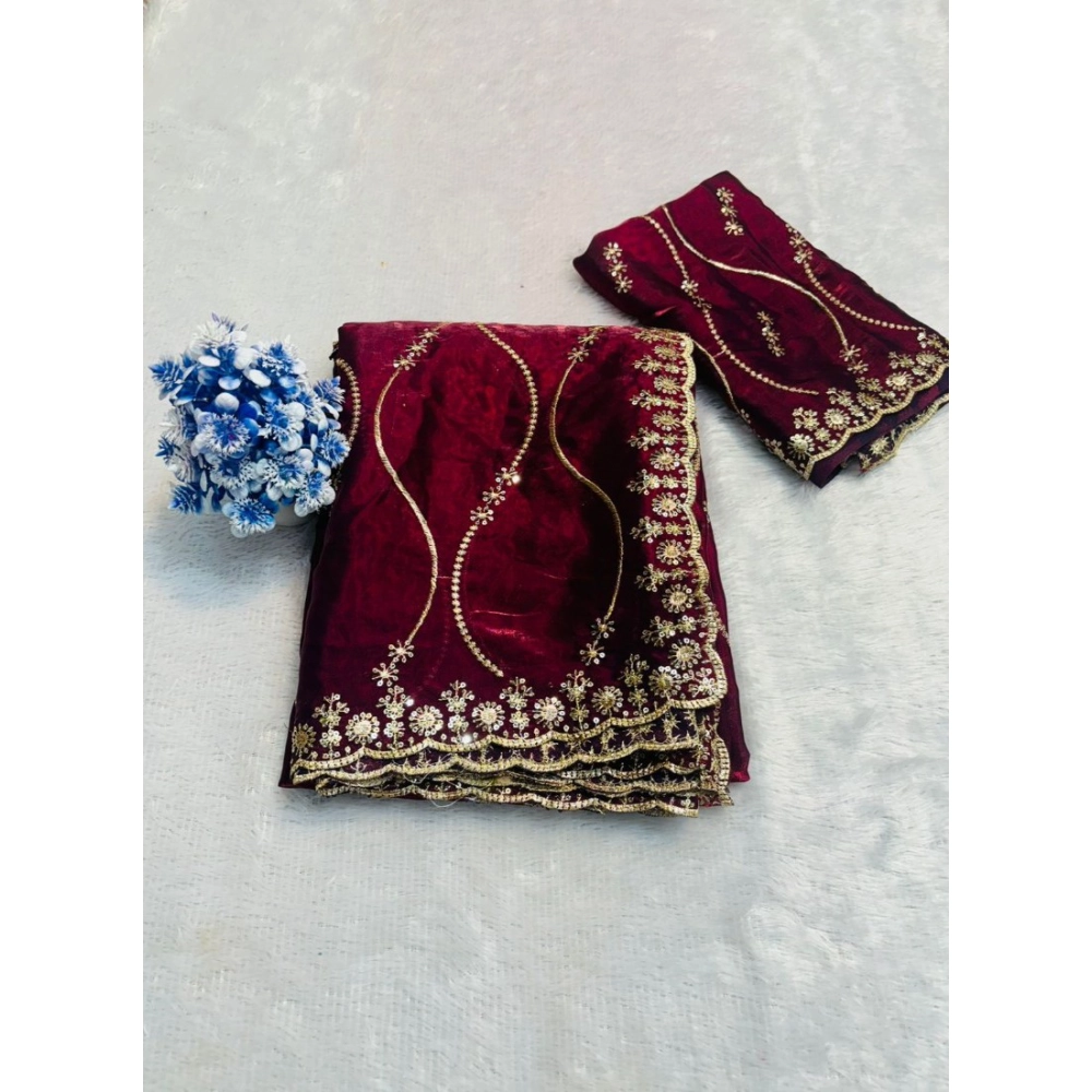Generic Women's Jimmy Choo Embellished Saree With Unstitched Blouse 5.5Mtr�(Wine)