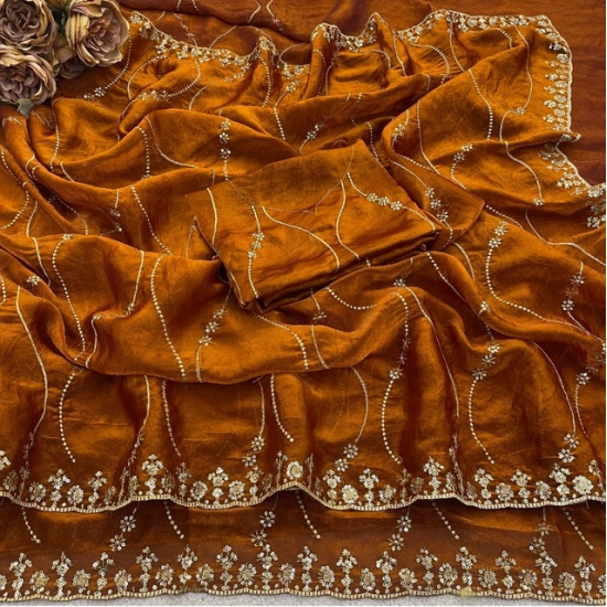 Generic Women's Slik Embellished Saree With Unstitched Blouse 5.5Mtr (Orange)
