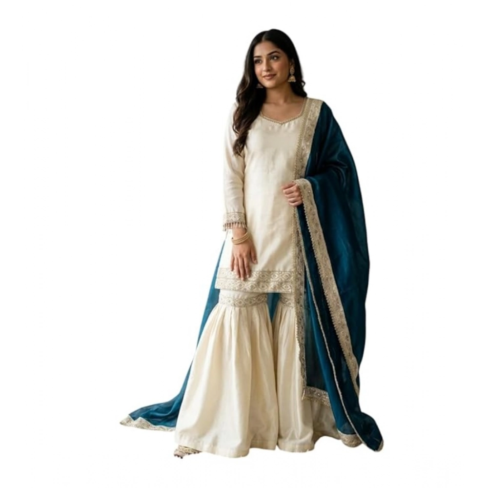 Generic Women's Silk Embroidered 3/4th Sleeve V-Neck Kurti With Sharara Pant and Dupatta Set (Cream & Teal) Generic Women's Silk Embroidered 3/4th Sleeve V-Neck Kurti With Sharara Pant and Dupatta Set (Cream & Teal)