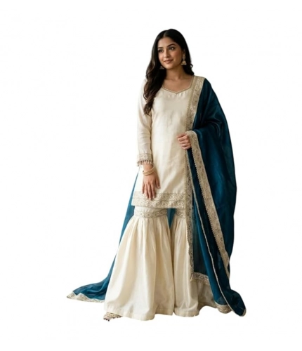 Generic Women's Silk Embroidered 3/4th Sleeve V-Neck Kurti With Sharara Pant and Dupatta Set (Cream &amp; Teal)