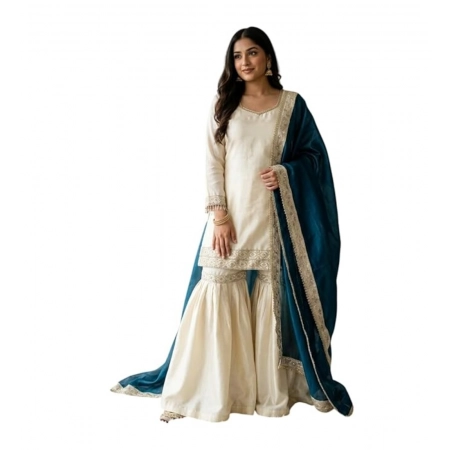 Generic Women's Silk Embroidered 3/4th Sleeve V-Neck Kurti With Sharara Pant and Dupatta Set (Cream & Teal) Generic Women's Silk Embroidered 3/4th Sleeve V-Neck Kurti With Sharara Pant and Dupatta Set (Cream & Teal)