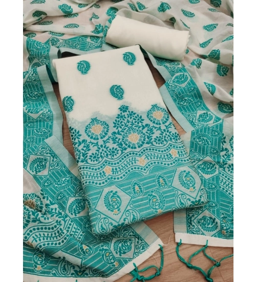 Generic Women's Banarasi Silk Printed Unstitched Salwar Suit Material With Dupatta (Teal, 3Mtrs)