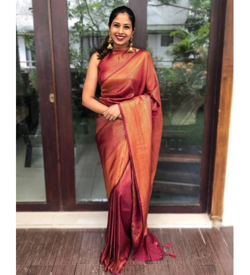 Generic Women's Litchi silk Printed Saree With Unstitched Blouse (Red)