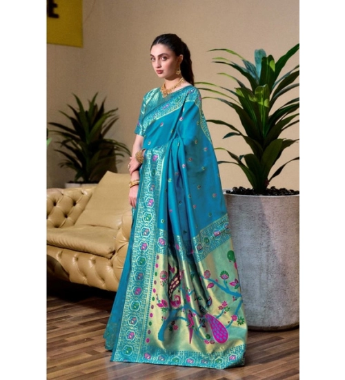 Generic Women's Silk Blend Paithani Weaving Saree With Unstitched Blouse 5.5Mtr (Rama)