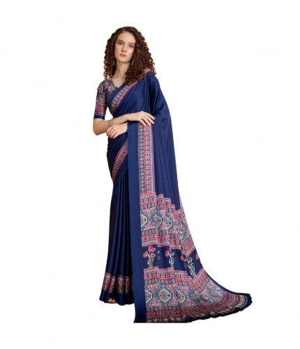 Generic Women's Satin Crepe Printed Saree With Unstitched Blouse 5.5Mtr (Navy Blue)