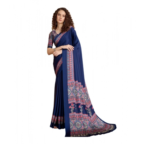 Generic Women's Satin Crepe Printed Saree With Unstitched Blouse 5.5Mtr (Navy Blue)