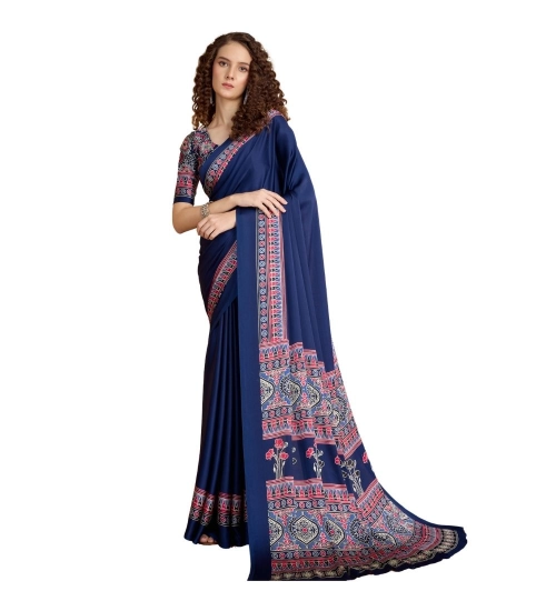 Generic Women's Satin Crepe Printed Saree With Unstitched Blouse 5.5Mtr (Navy Blue)
