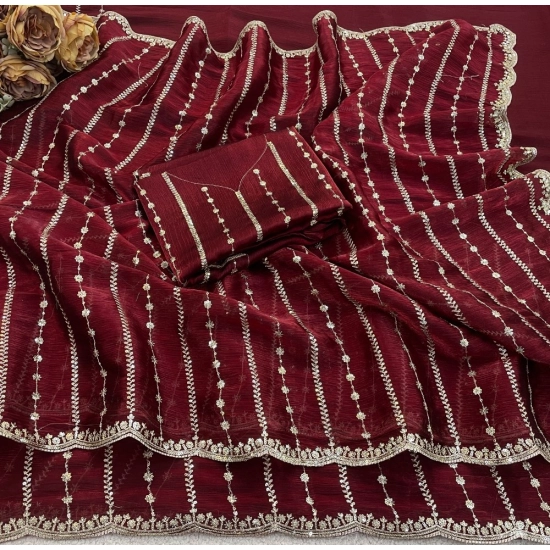 Generic Women's Slik Embellished Saree With Unstitched Blouse 5.5Mtr (Maroon)