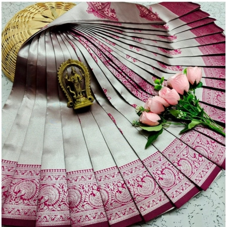 Generic Women's Soft Silk Printed Saree With Unstitched Blouse 5.5Mtr (Silver Brown)