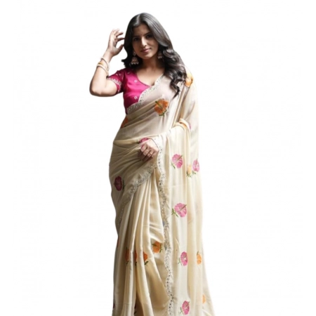 Generic Women's Georgette Embellished Saree With Unstitched Blouse 5.5Mtr (Cream-Pink) Generic Women's Georgette Embellished Saree With Unstitched Blouse 5.5Mtr (Cream-Pink)