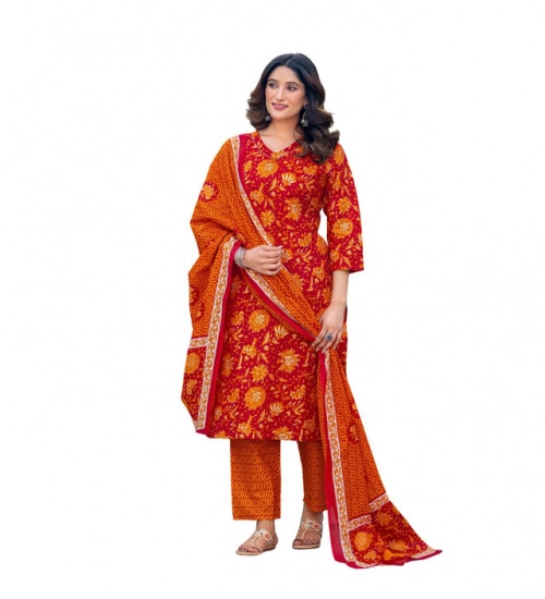 Generic Women's Cotton Blend Printed Kurti With Pant Dupatta Set (Maroon)