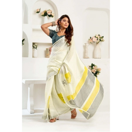 Generic Women's Linen Cotton Printed Ready To Wear Saree With Unstitched Blouse 5.5 Mtr (Off_White)