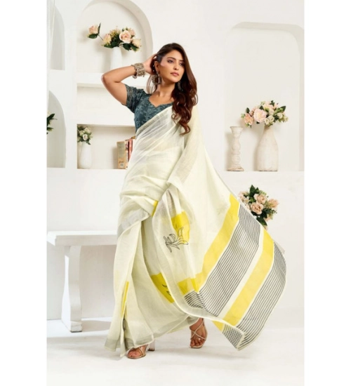 Generic Women's Linen Cotton Printed Ready To Wear Saree With Unstitched Blouse 5.5 Mtr (Off_White)