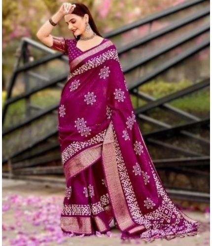 Generic Women's Cotton Silk Printed Saree With Unstitched Blouse 5.5Mtr (Wine)