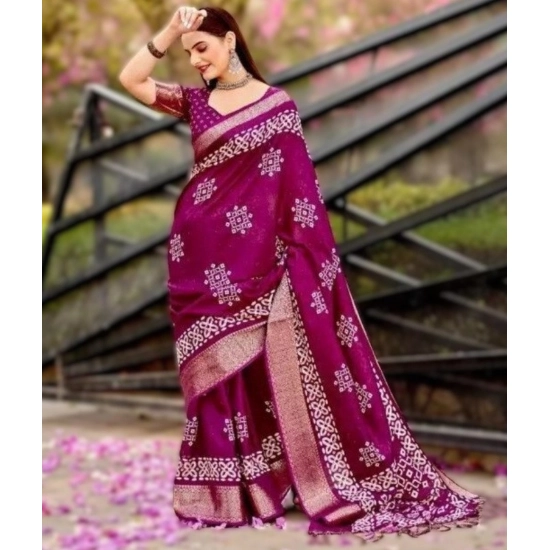 Generic Women's Cotton Silk Printed Saree With Unstitched Blouse 5.5Mtr (Wine)