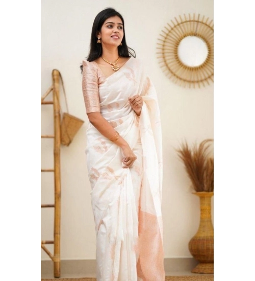 Generic Women's Litchi silk Printed Saree With Unstitched Blouse (White)