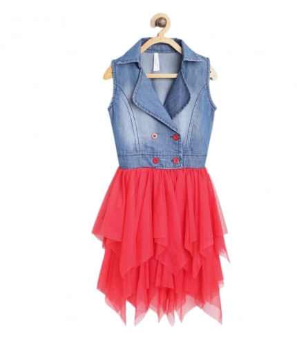 Generic Girl's Denim Roll Up Buttoned Dress (Blue-Red)