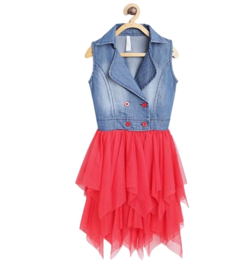 Generic Girl's Denim Roll Up Buttoned Dress (Blue-Red)