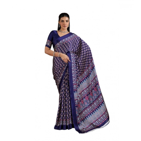 Women's Satin Crepe Printed Saree With Unstitched Blouse 5.5Mtr (Navy Blue)
