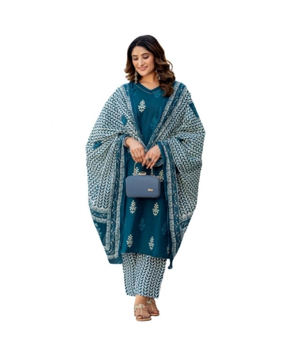 Generic Women's Cotton Blend Printed Kurti With Pant Dupatta Set (Morpichh)