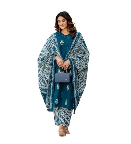 Generic Women's Cotton Blend Printed Kurti With Pant Dupatta Set (Morpichh)